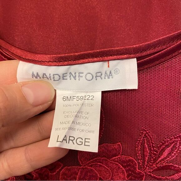 Maidenform red satin embroidered lace mesh bathrobe kimono lingerie gown set L - Picture 7 of 9